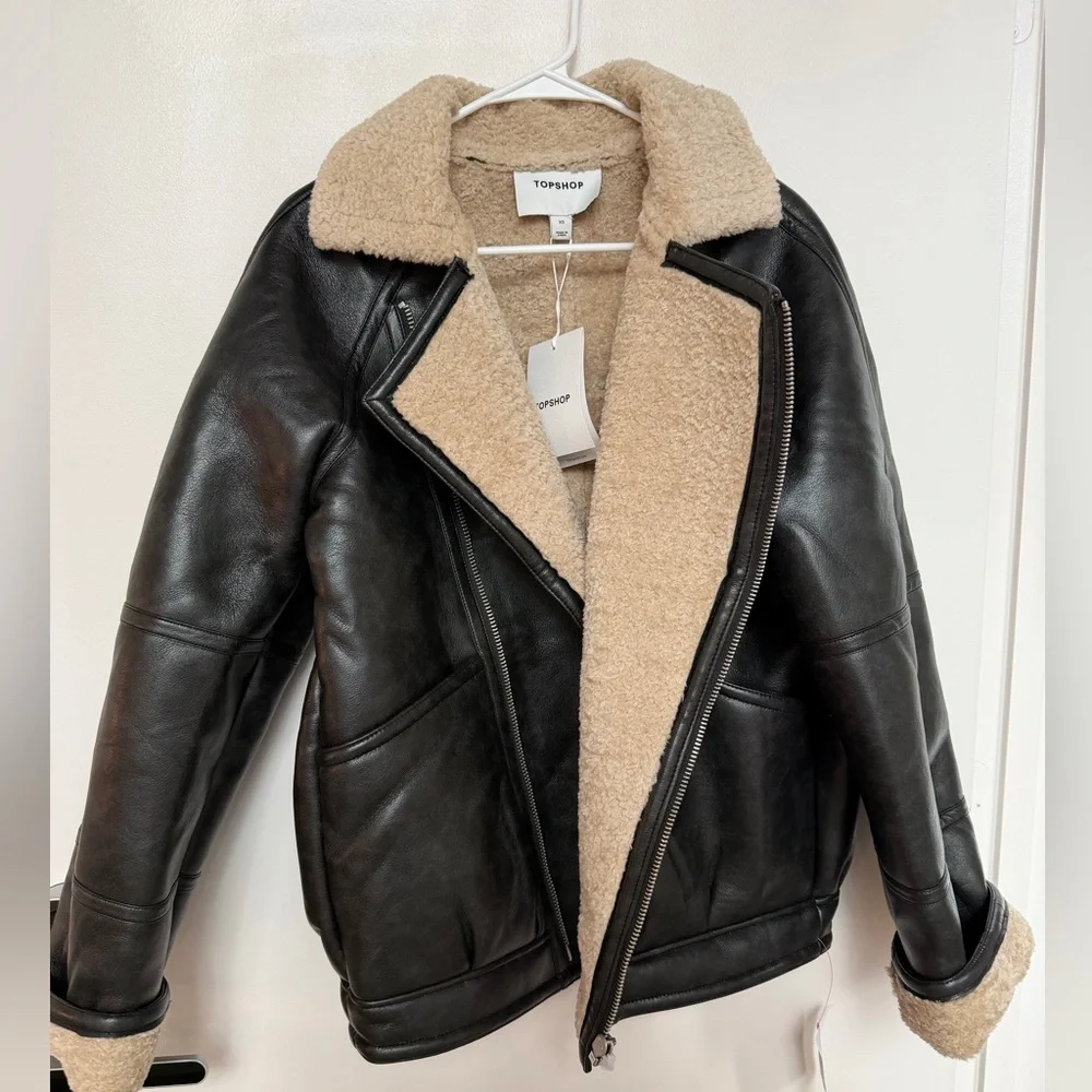 NWT TopShop leather shearling bomber jacket - Picture 5 of 6